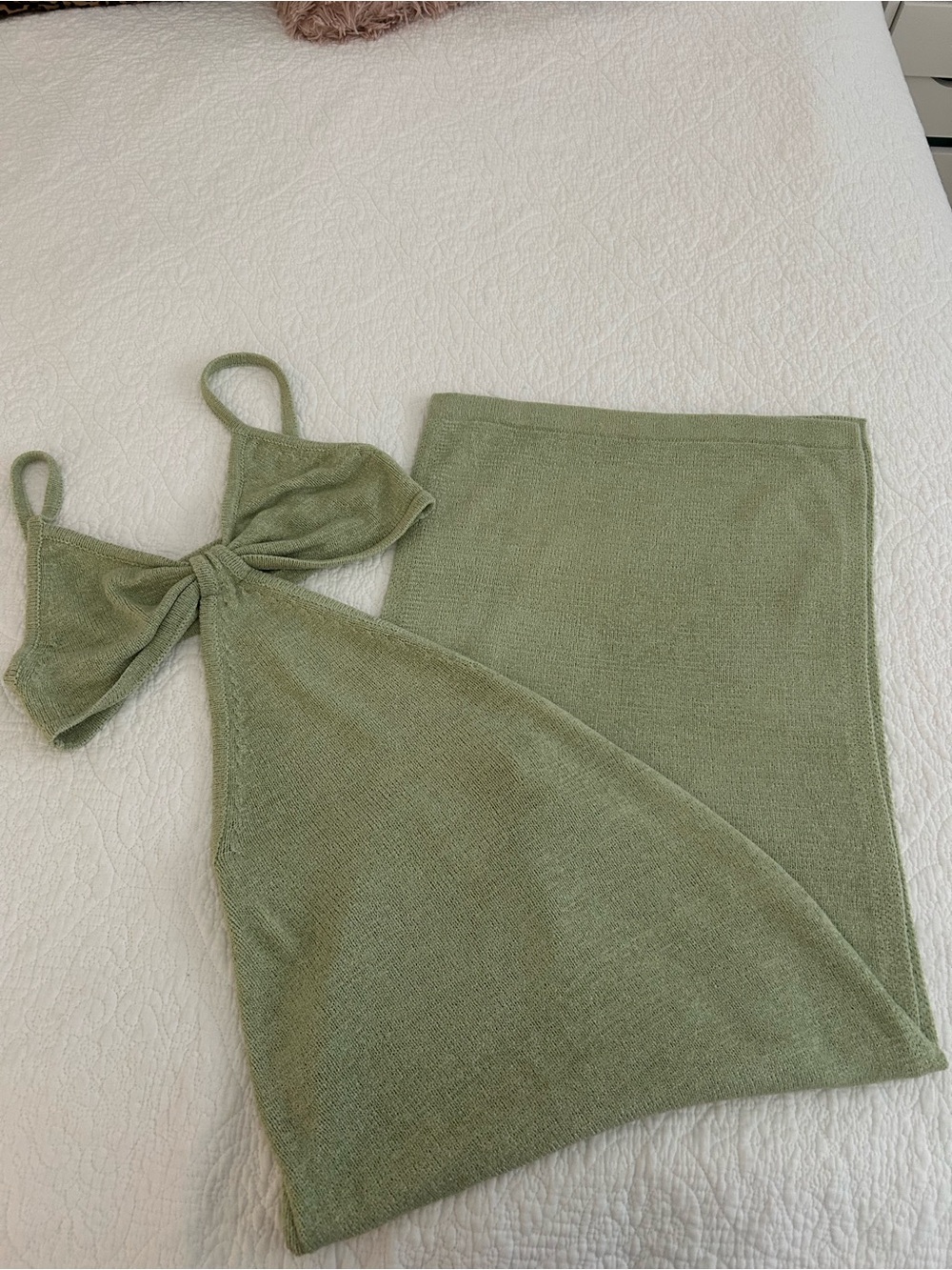 Agua Bendita Sage Green Knit Twist Crop Top & Midi Skirt Set